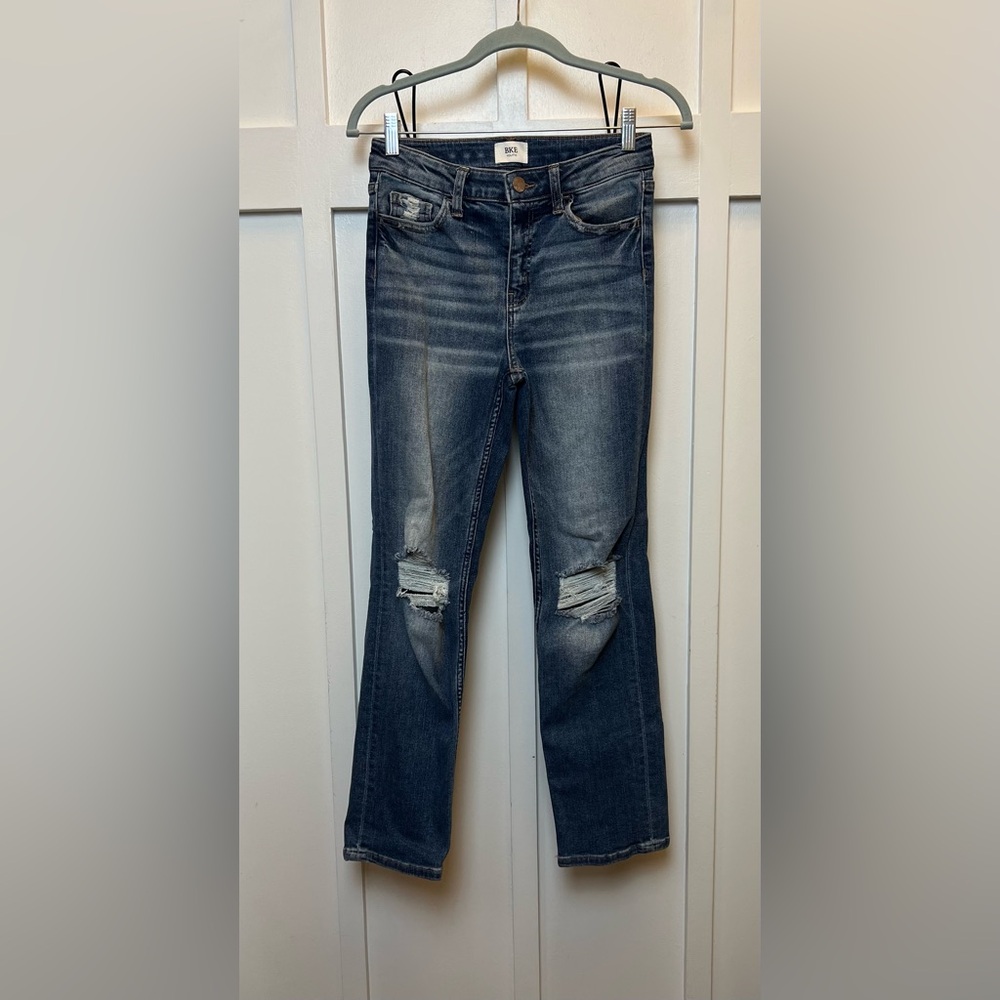 BKE Youth Girls Jeans Adjustable Waist Size 14 Distressed Slim Straight Blue Y2K